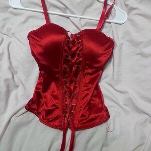 Satin Lace-Up Corset Top - Red